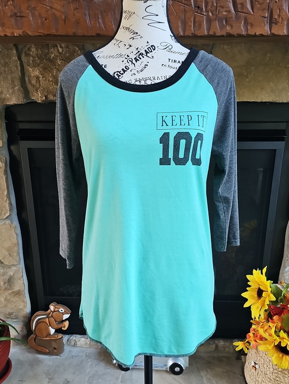 rue21 Keep It 100 Turquoise Gray Raglan Baseball Tee Medium